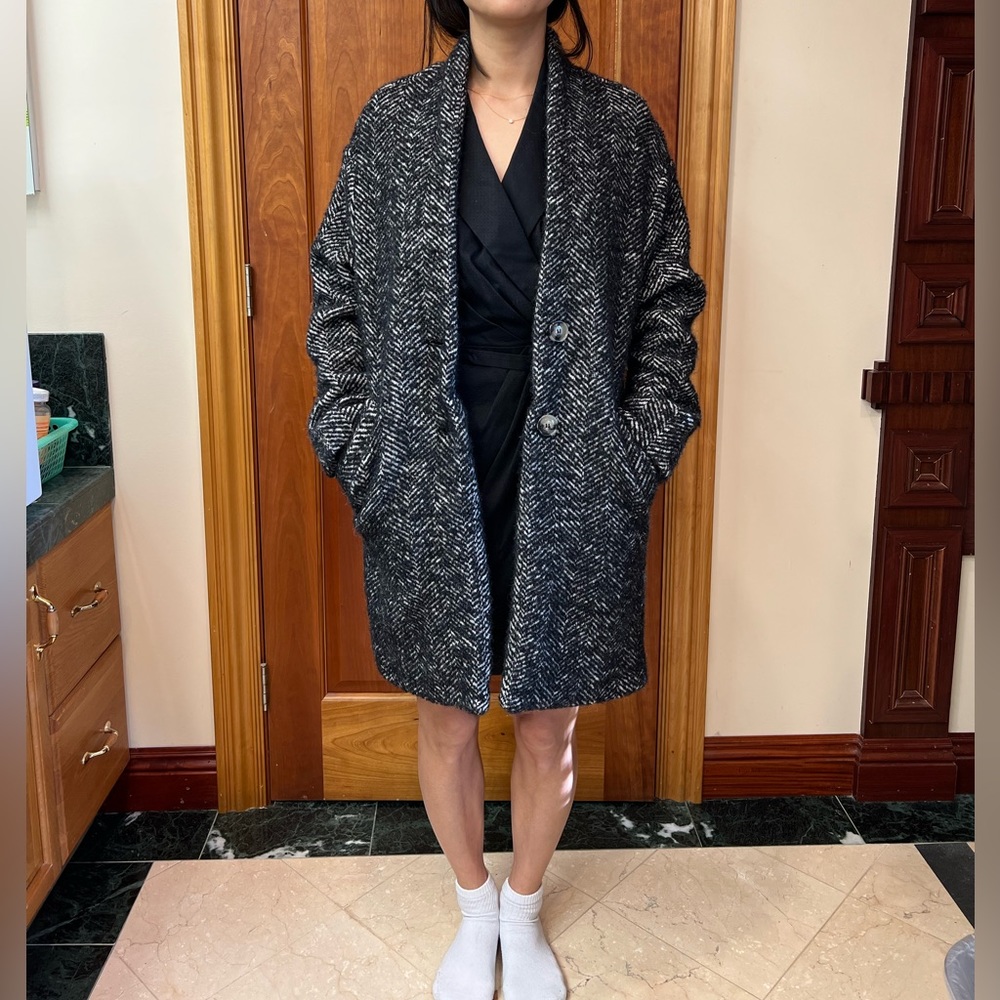 Zara Black and Gray Herringbone Coat Shawl Collar